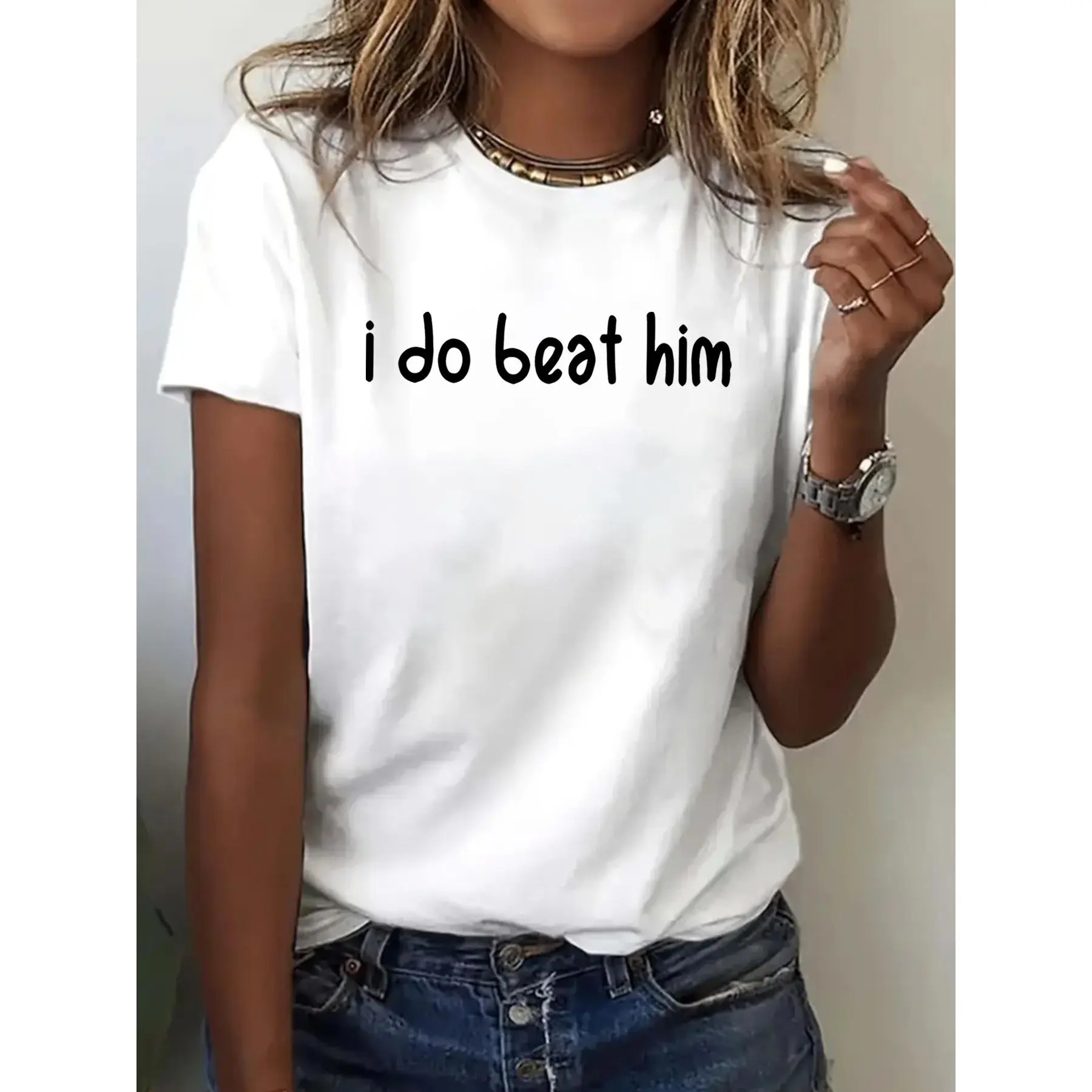 Women's 100% Cotton Round Neck Short Sleeve Sports Top - Light, Smooth, Minimalist "I Do Beat Him" Handwritten Font Front Print, Loose Casual Denim-Skirt-Matching Summer Daily Wear Gift Tee, Girls, Skirts, Linen, Oversized, Shortsleeve, Quote, Cute, Light