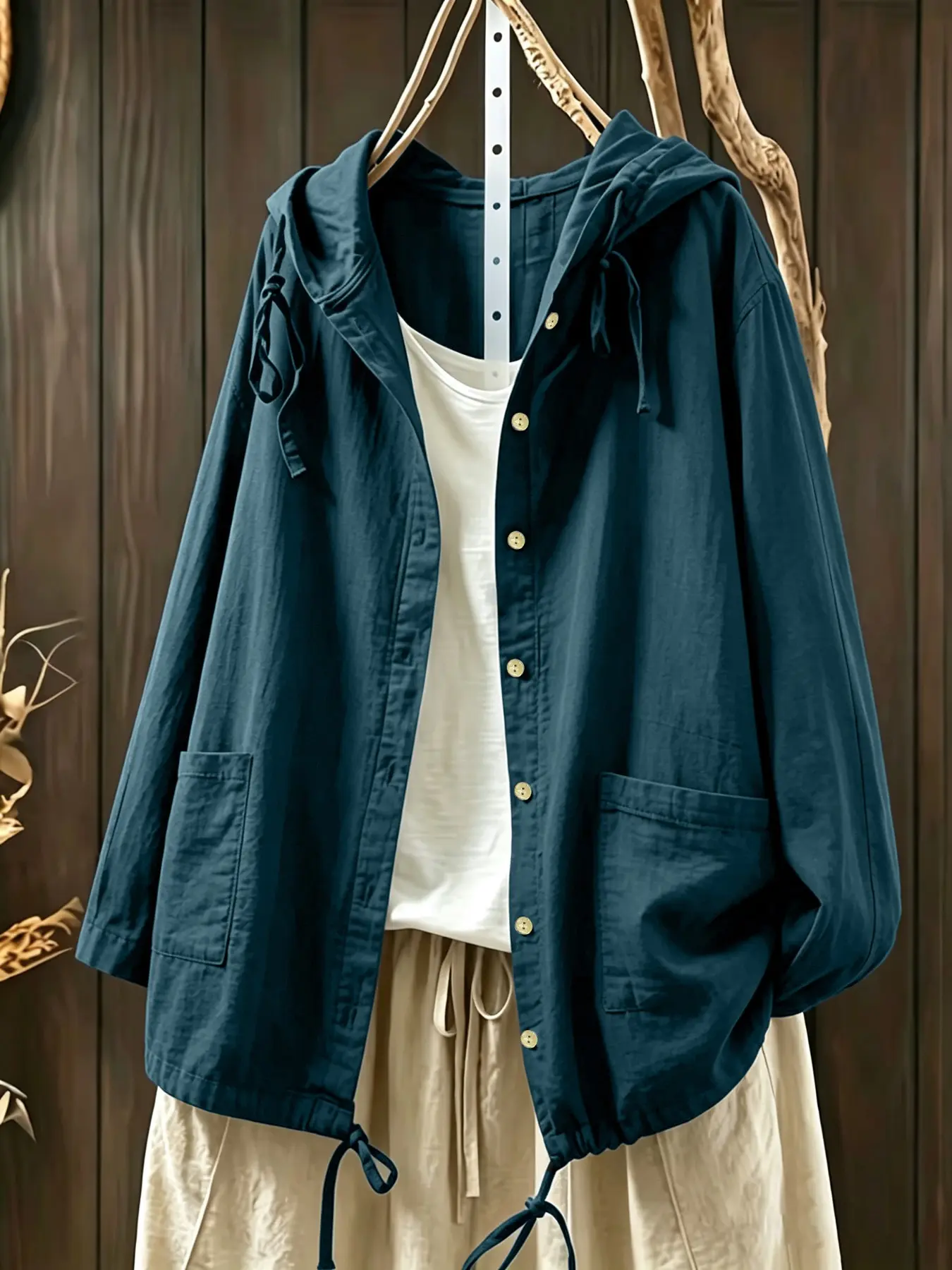 Casual Hooded Light Jacket, Relaxed‑Fit Outfit For Early Fall, Versatile Hooded Jacket, Single‑Button Casual Top For Autumn