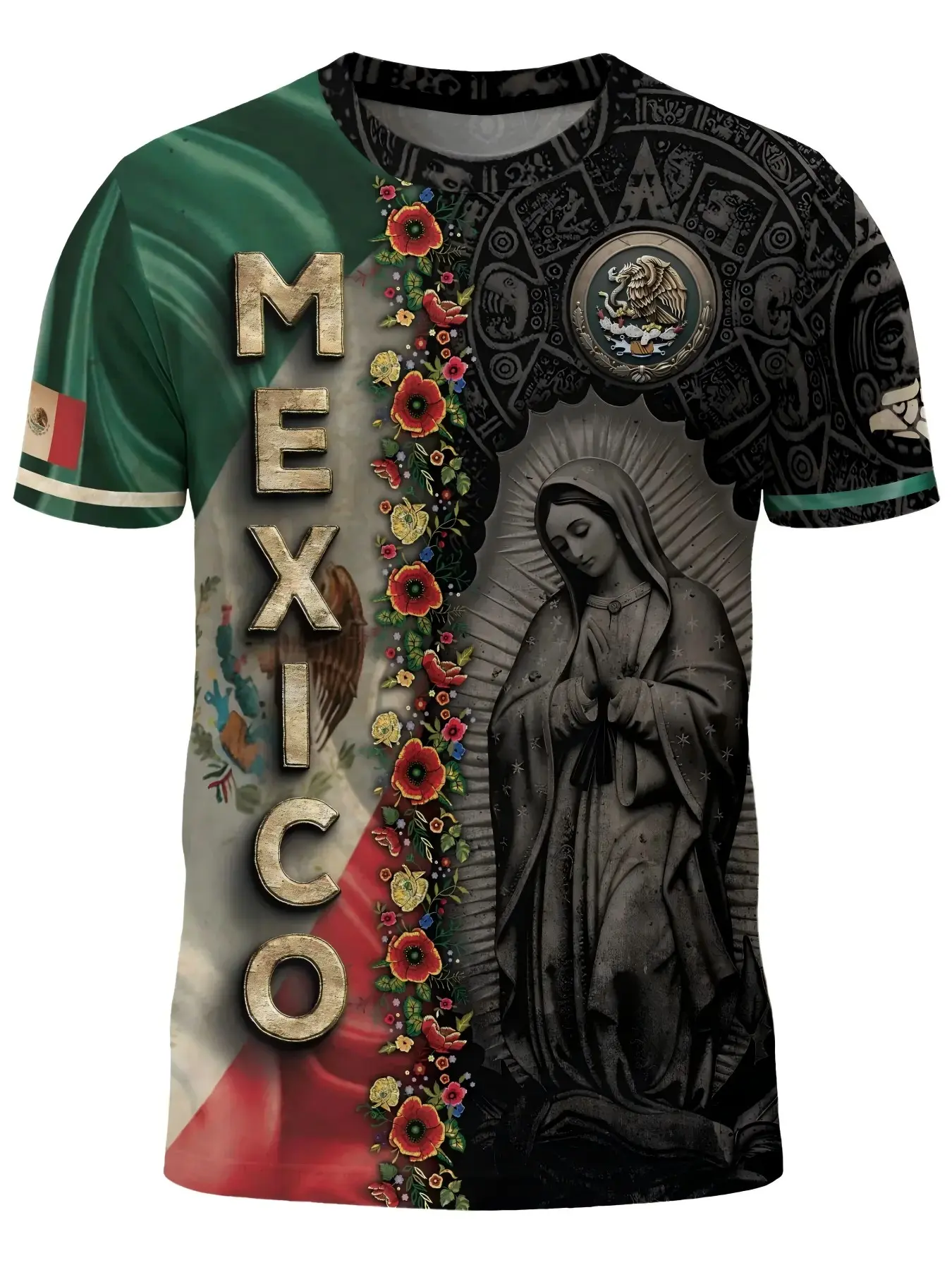 Mexican Style Cultural Guadalupe Virgin Digital Print Short Sleeve T-Shirt, Aztec Totem Retro Casual Men's T-Shirt, Geometric Pattern, Slim Fit, Streetwear, Menswear, Tops
