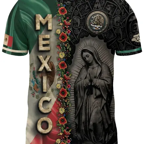 Mexican Style Cultural Guadalupe Virgin Digital Print Casual Printed Short Sleeve T-Shirt, Aztec Totem Retro Casual Men's T-Shirt, Geometric Pattern, Slim Fit, Streetwear, Tops