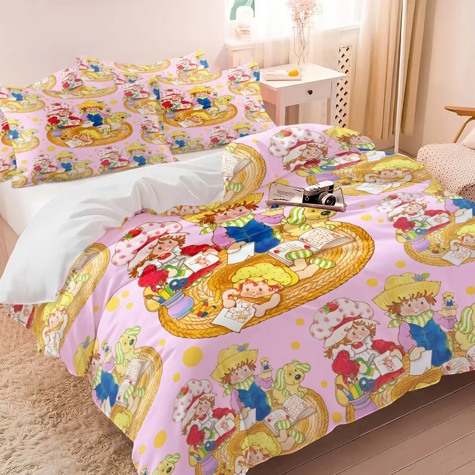 Strawberry Shortcake Cartoon Duvet Cover Set, Includes 1 Duvet Cover + 1/2 Pillowcases, Soft Comfortable Skin-Friendly Fabric, Pink Background Cute Character Full Print Bedding, Perfect Decor For Bedrooms, Dorms & Girls, Theme Bedding Set