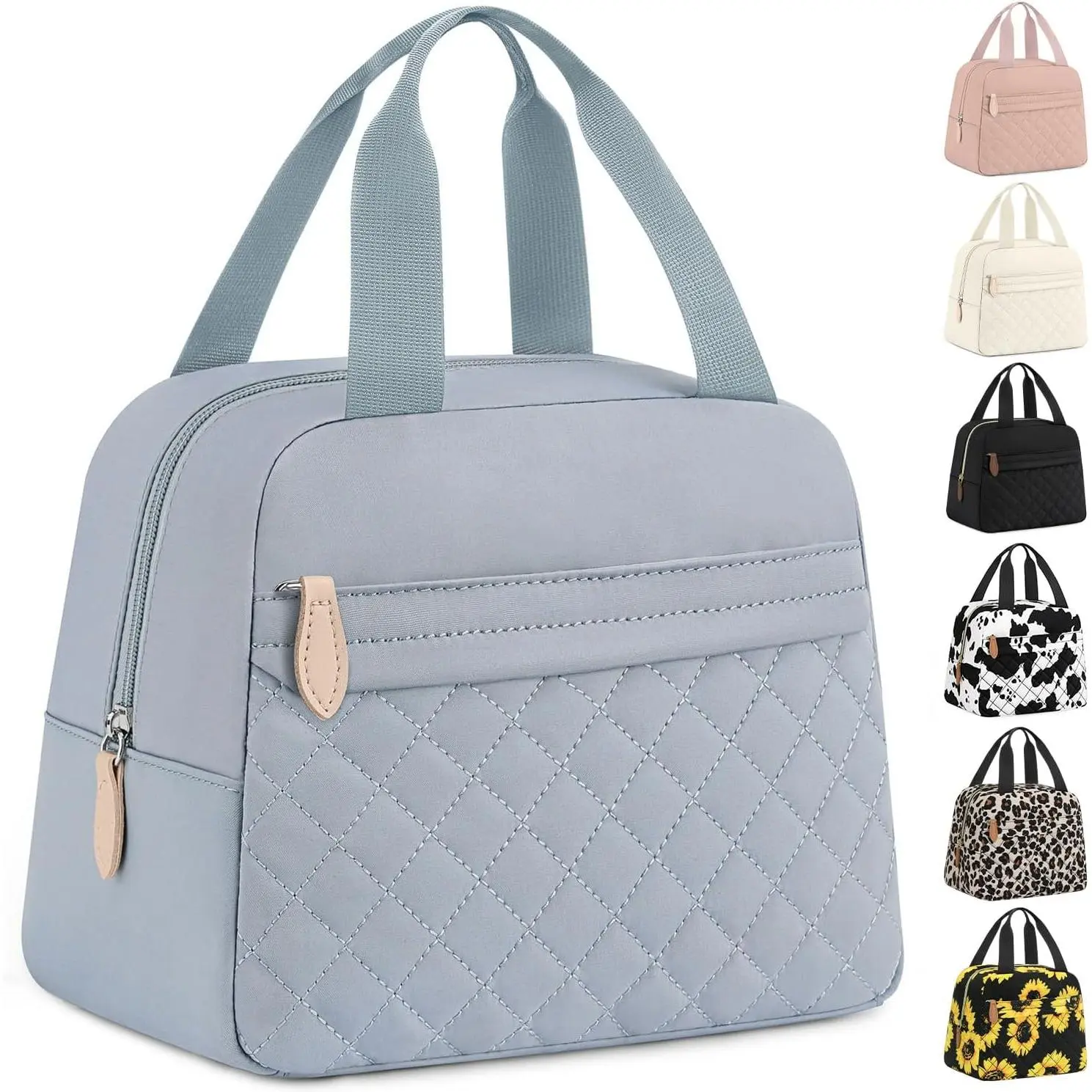 Insulated Lunch Bag for Women, Portable Lightweight Lunch Box for Adults,  Small Lunch Tote Cooler Bags with Front Zipper Pocket for Work School Picnic(Light Blue)