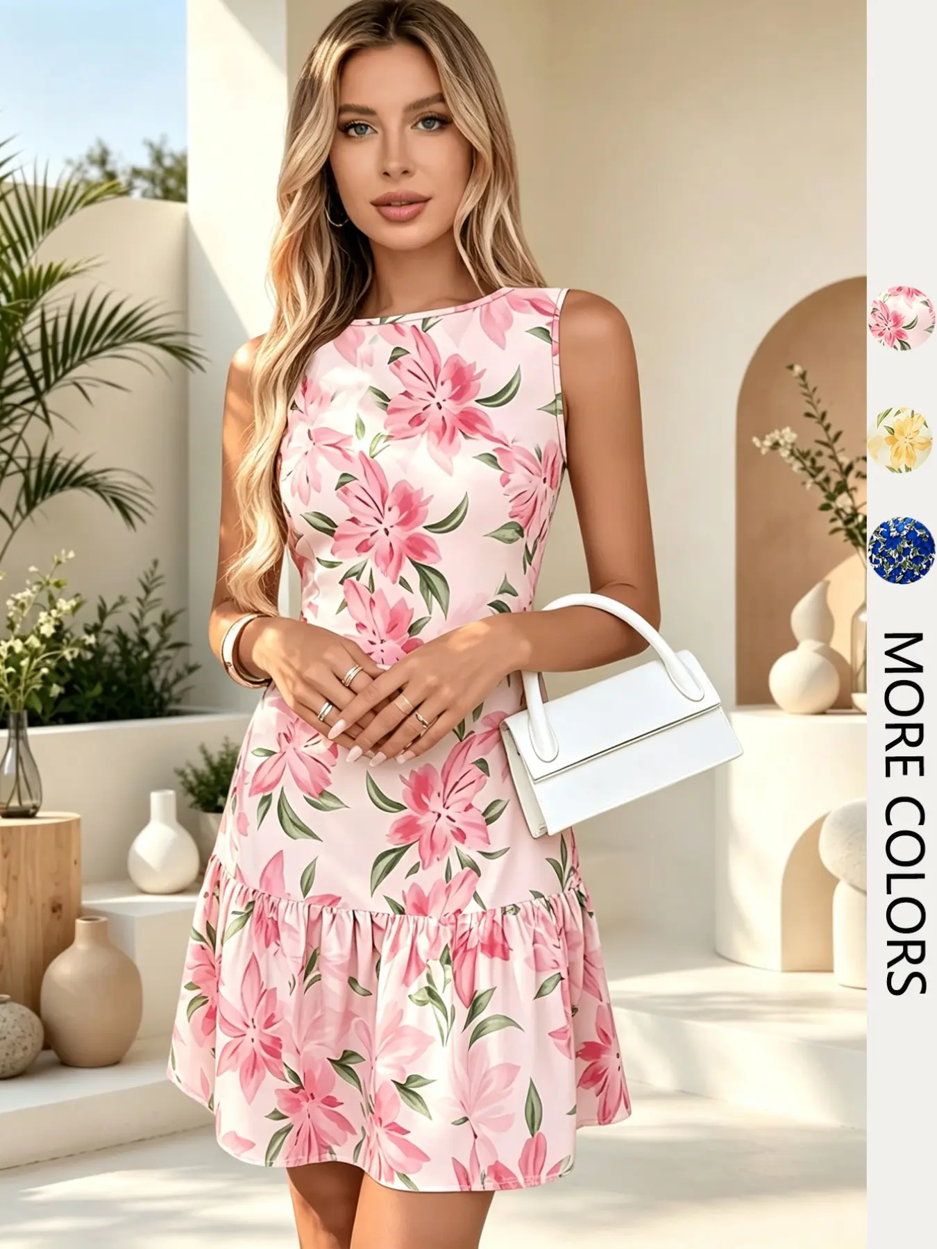 One-Shoulder Waist-Cropped Floral Printed Knee-Length Dress, Beach Vacation Women's Dress, Spring Summer Elegant Casual Commute Dress, Elastic Knit Print Dress