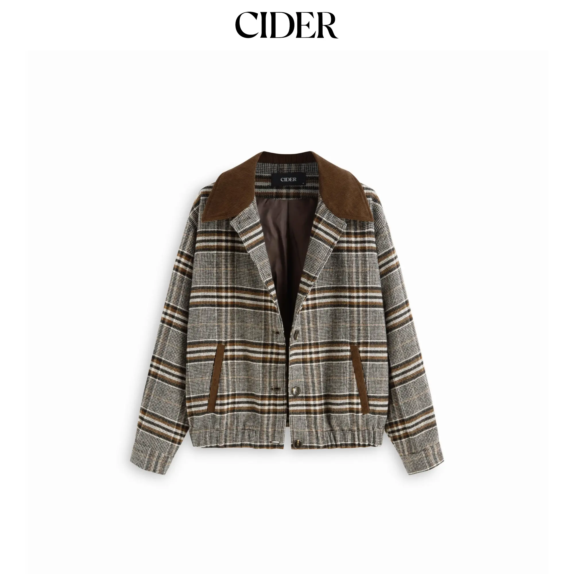 Cider Wool-look Plaid Collar Long Sleeve Colorblock Button Oversized Shacket SohoChic
