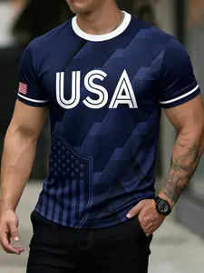 Men's American Patriotic Shield Flag Print T-Shirt, Round Neck Short Sleeve, Summer Casual Street Style, Breathable Fitness Top