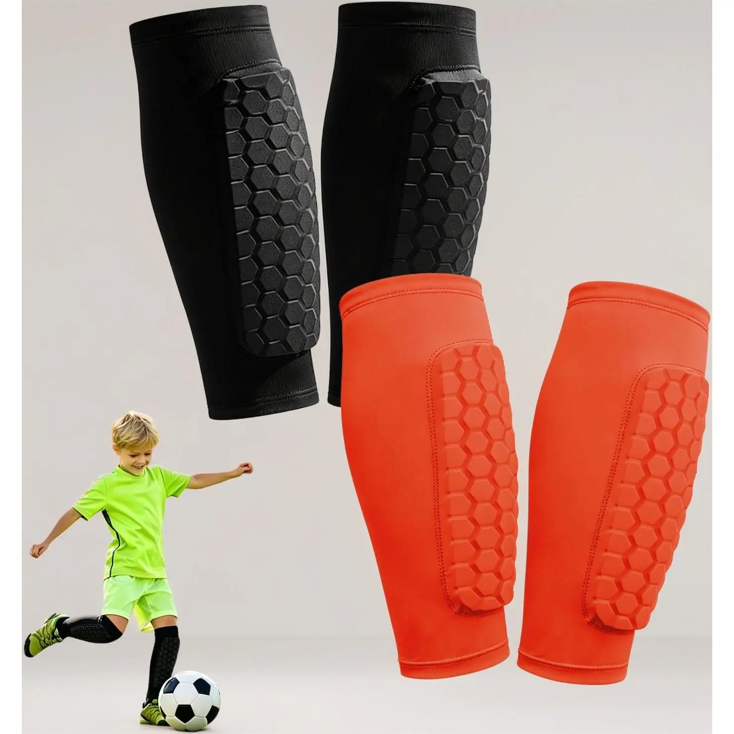 2 Pairs Shin Guards Soccer Kids,Soccer Shin Guards Youth for Boys Girls Protective Gear,Calf Compression Sleeve with Honeycomb Pads for Pickleball Football Ski MTB