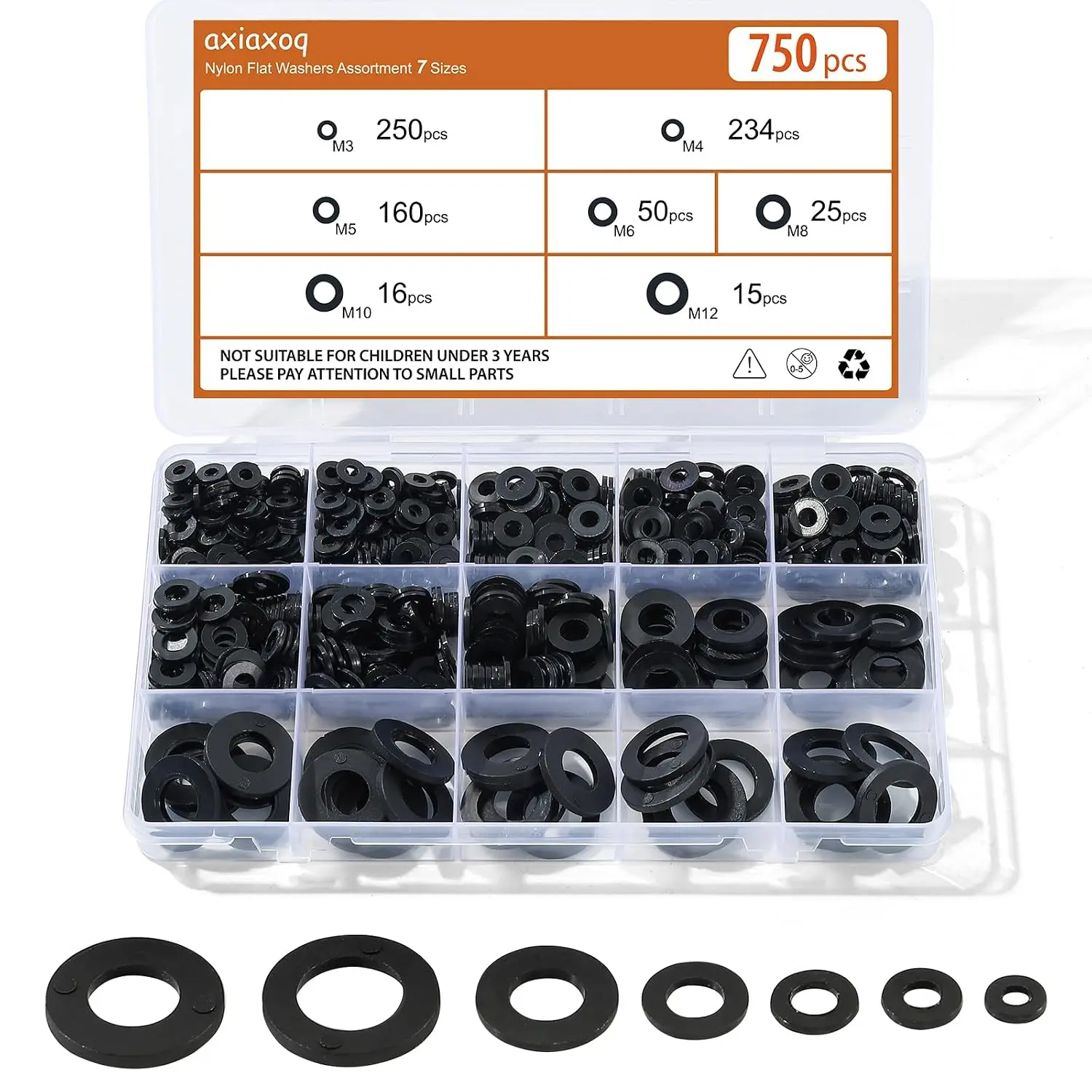 750 count Nylon Flat Washers for Screws , 7 Sizes Plastic Washers  Kit, Black Washers  for Screws, Nylon Flat Washers Set for Household & Commercial(M3-M12)