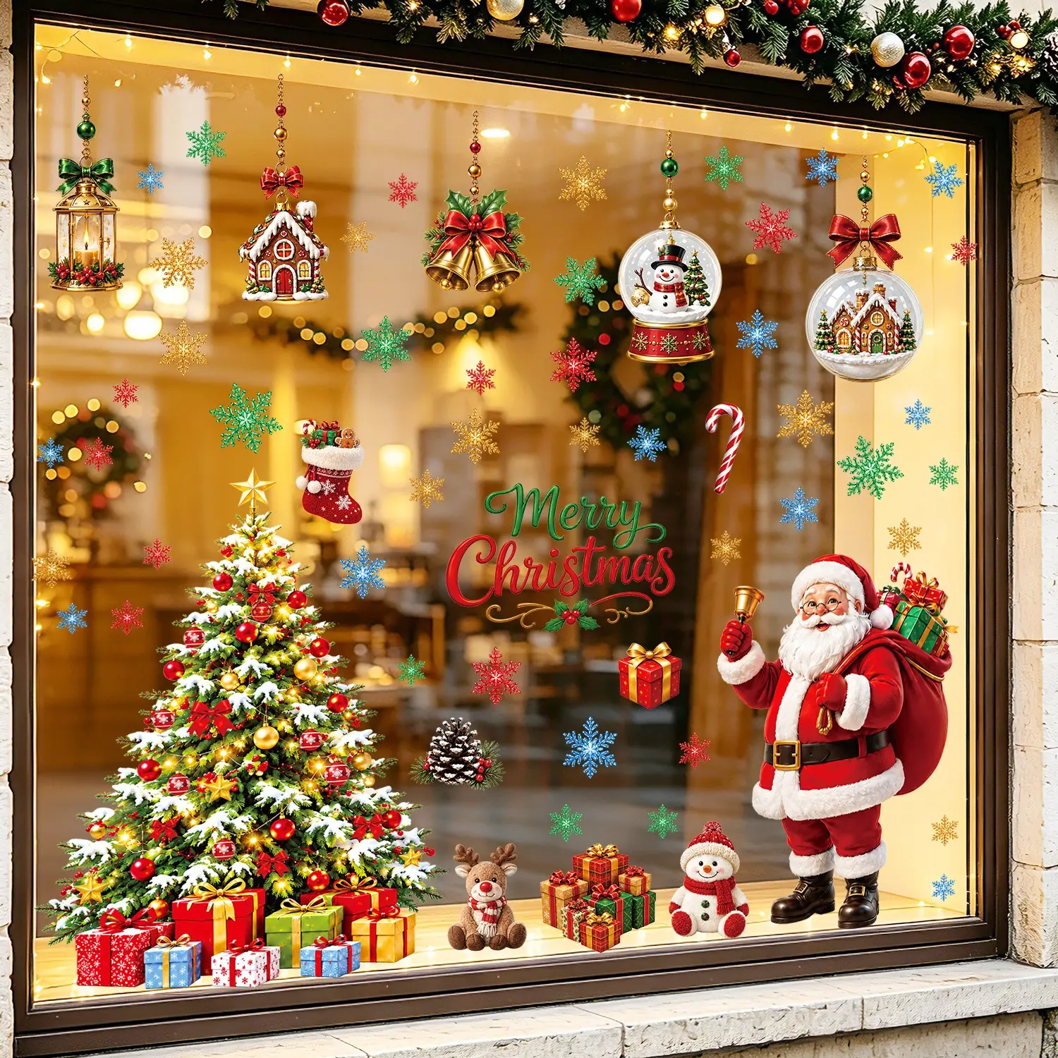 65pcs/4sheets Large Snowfall Christmas Tree Santa Claus Window Stickers, Snowman Snowhouse Bell Lantern Christmas Socks Gift Elements Electrostatic Stickers, Festival Party Glass Window Decoration