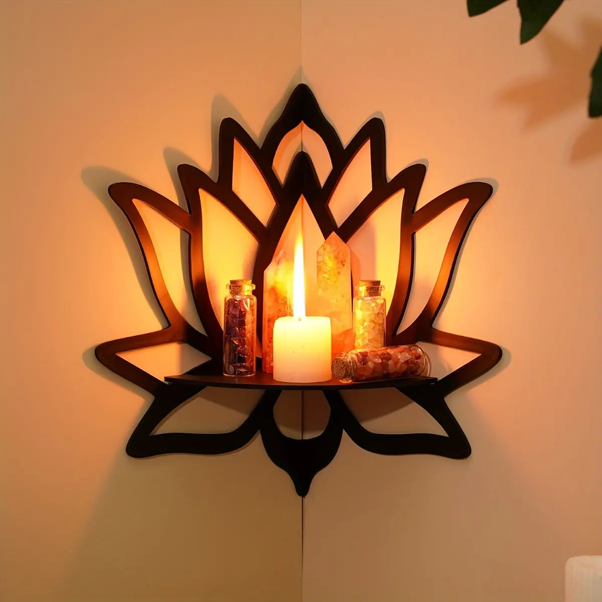 Black Lotus Cutout Wooden Corner Wall Shelf, Boho Spiritual Flower Floating Display Rack, Minimalist Crystal Candle Plant Corner Mount Shelving for Bedroom Meditation Room Altar Decor Home Wall Decoration