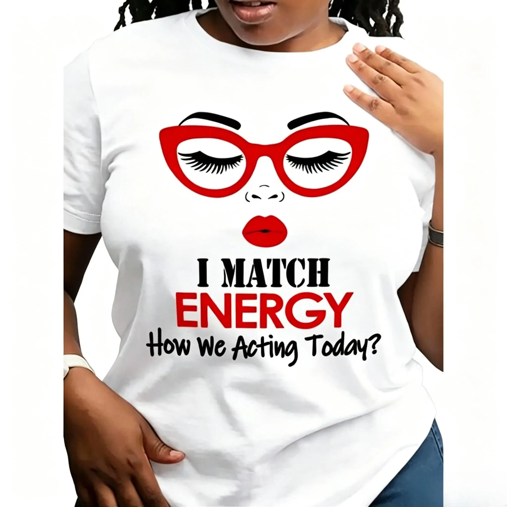 1pc  Casual T-Shirt with "I Match Energy" Slogan, Crew Neck,  Medium Stretch, All-Season Alphabet Pattern Tee