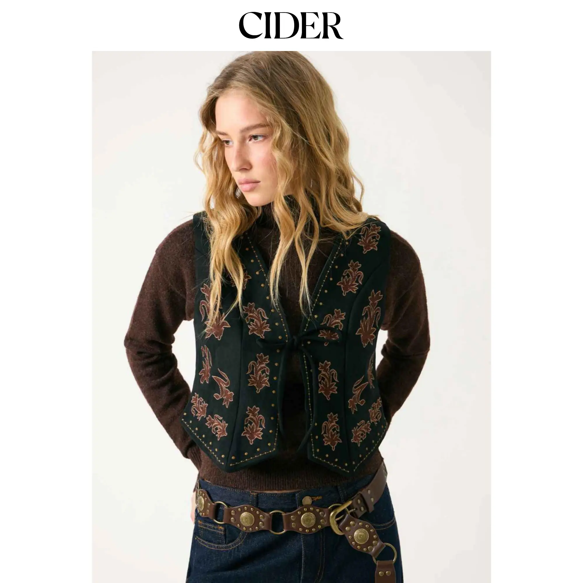 Cider V-neck Embroidery Floral Tie Front Crop Jacket Vest