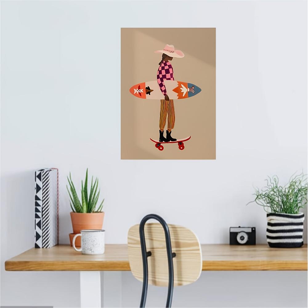 [1pcs] Framed Canvas Painting, Pink Surfer Print Skateboard Beach Art Checkered Pattern Modern Coastal Decor Folk Art Wall Art , 2D Flat, Perfect for Room Decor
