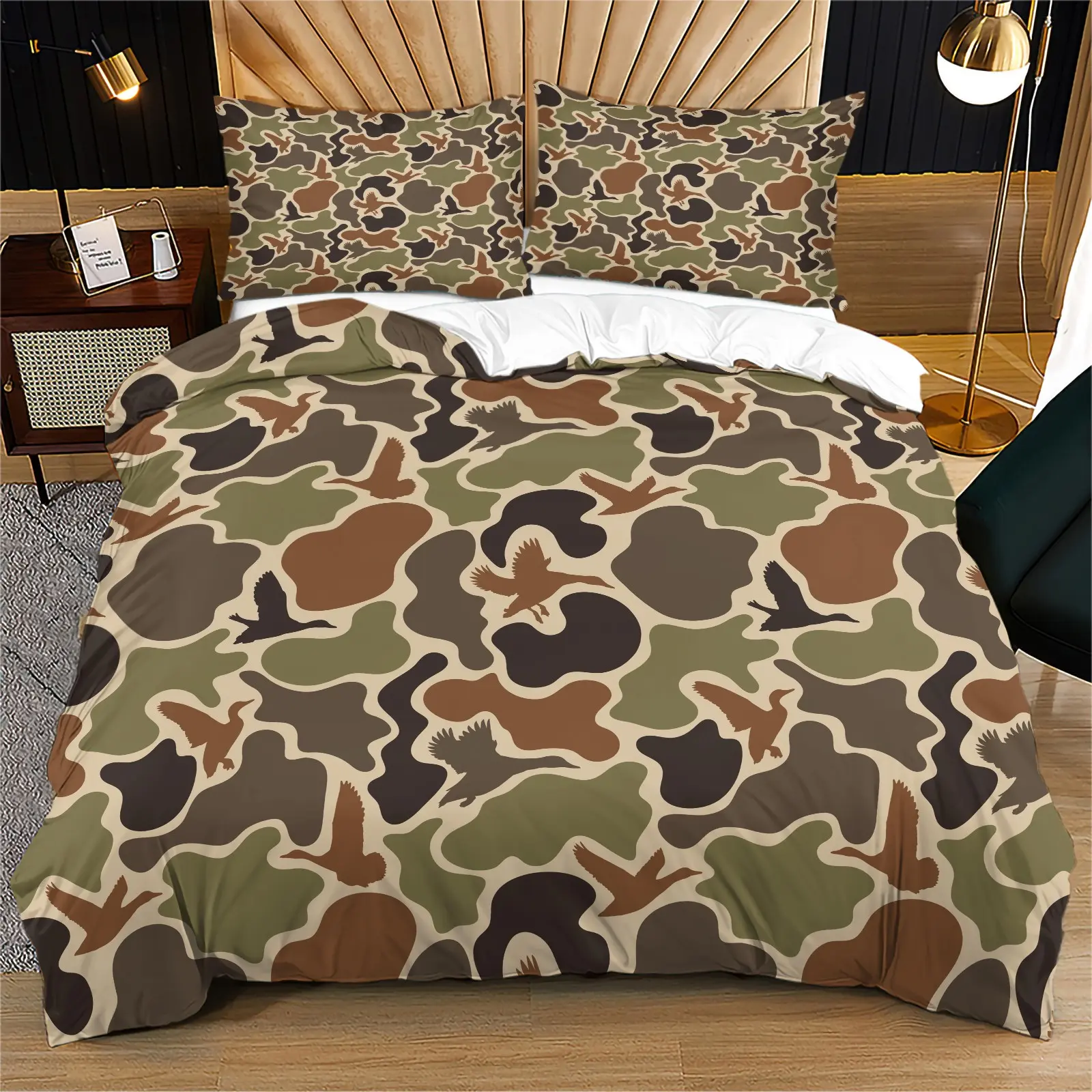 Duck Camo Duvet Cover Set, Bedding Set, Classic Hunting Camouflage With Flying Duck Silhouette Pattern, Soft Breathable Microfiber, Hidden Zipper & Corner Ties, Outdoor Style Bedroom Decor, Includes 2 Pillowcases - without Core