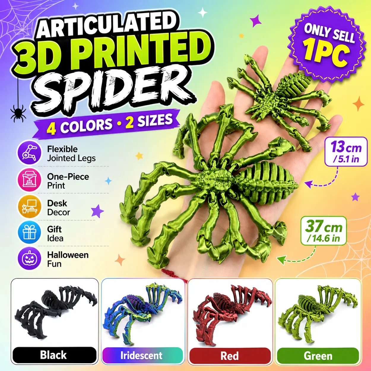 3D Jointed Spider Figure, 3D Printed Poseable Spider Model with Flexible Articulated Legs, One Piece Desktop Ornament for Home Office Room Decor, Halloween Display, Stress Relief Fidget Handling, Collector Shelf Styling and Novelty Gift Giving