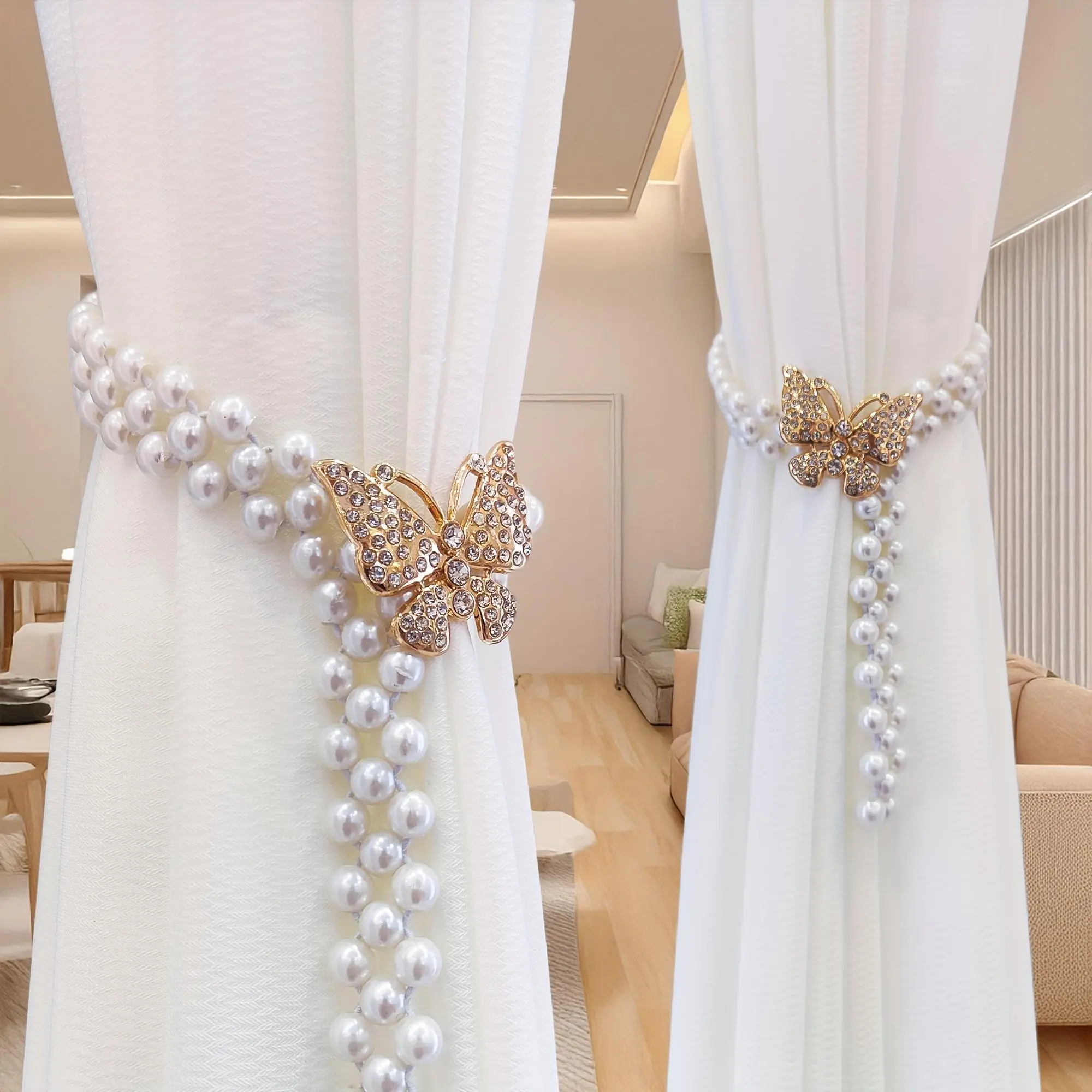 Set of 2 Adjustable Bands Ceramic Floral Decor Curtain Tiebacks, Silvery Blooming Flowers Lace-Up with Butterfly Motif, Hanging Living Room Bedroom Decor