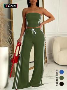 women's side stripe tube top & wide leg pants, casual fashion cozy clothing set for daily outdoor wear, women clothes for spring fall