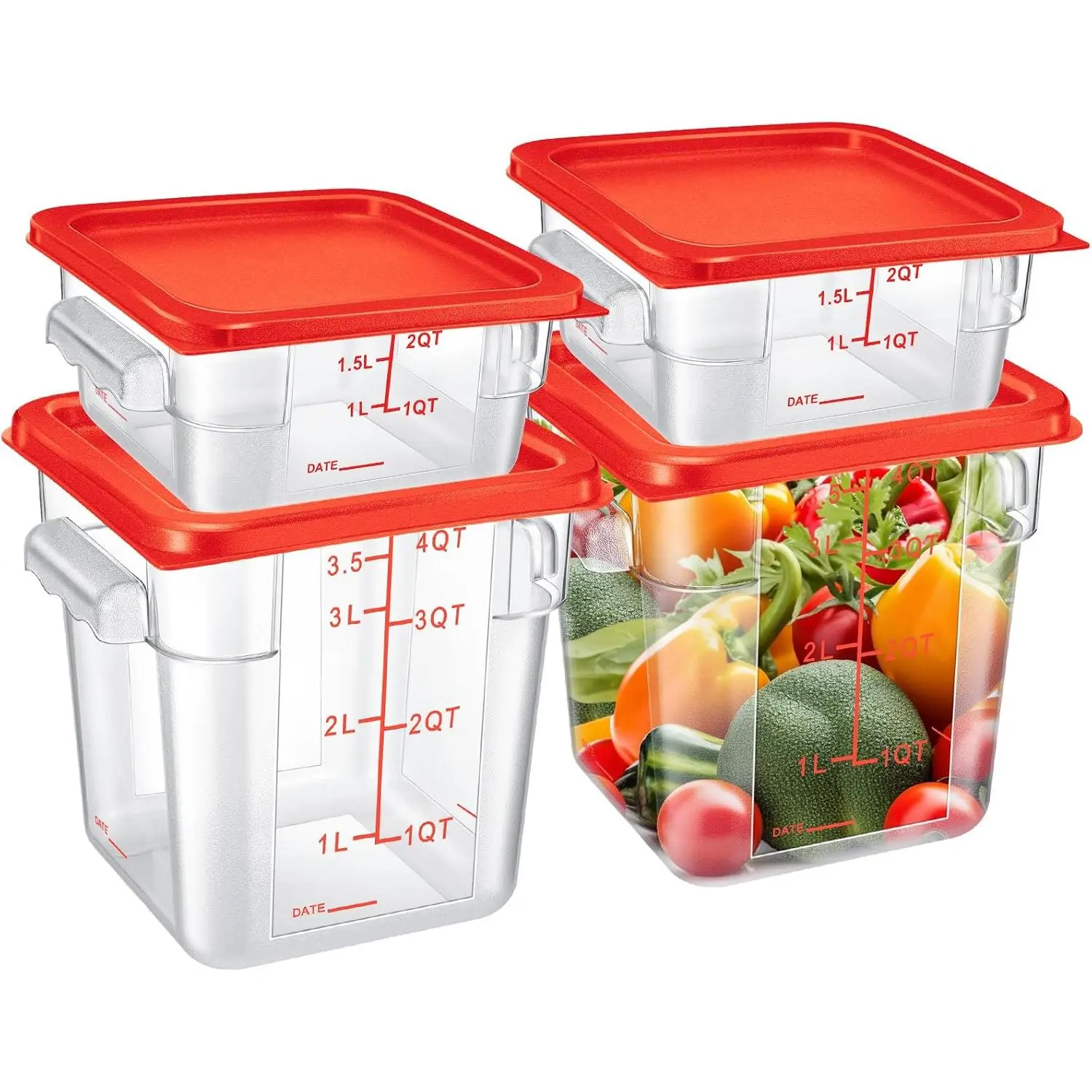 4 count Square  Storage Containers with  2qt & 4qt, Red Green