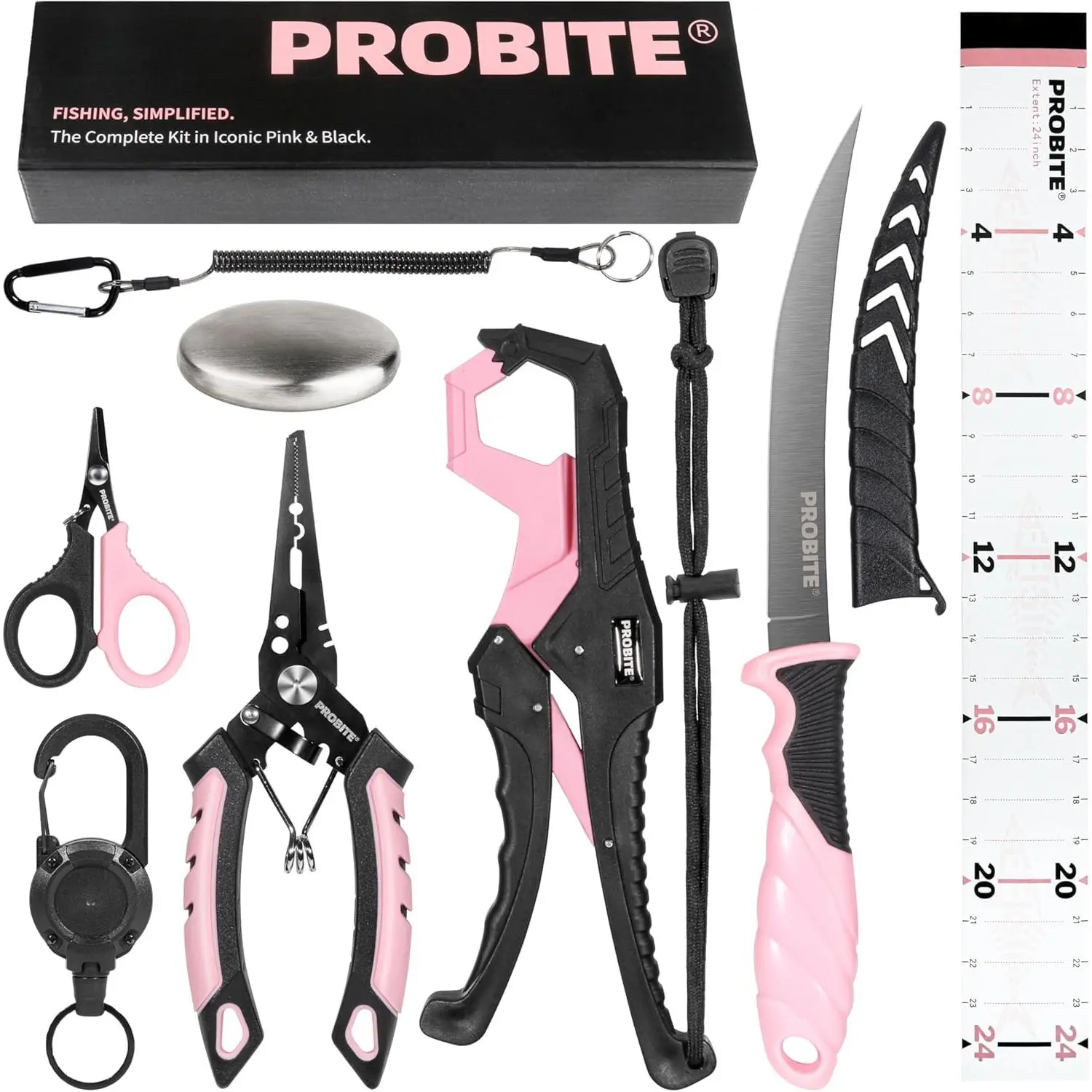 Pink Fishing Tool Kit – Fishing Pliers, Fish Lip Gripper, Fillet Knife, Line Cutter & Retractable Lanyard, All-in-One Fishing Gear Set with Odor Remover Bar, Fishing Gift for Lovers