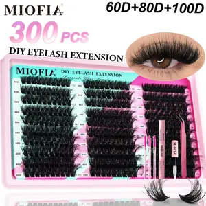 Miofia 300 Pcs Eyelash Kit, 60D+80D+100D Hot Melt Set, Includes Large Box Lashes, Dual Head Glue, Colored Tweezers, 3 Brushes, D Curve 10-18mm