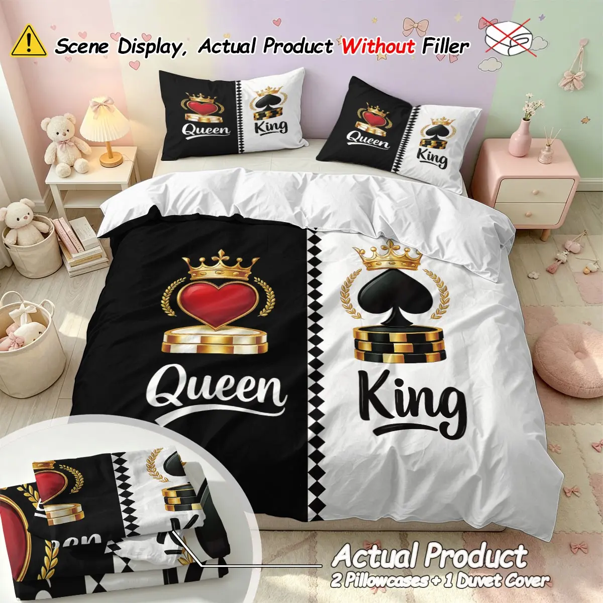 King Queen Theme Print Duvet Cover Set, (1 Duvet Cover + 2 pillowcases, no filler), Suitable for couples 3-piece bedding set made of soft comfy polyester, machine washable no deformation