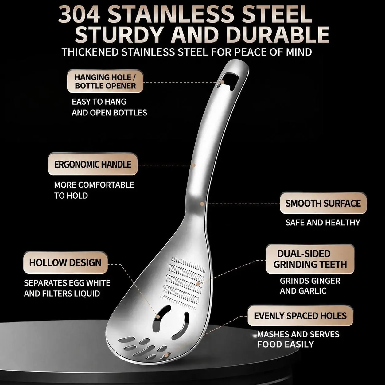 5 in 1 Multifunctional Cooking Spoon, 304 Stainless Steel Egg Yolk Separator for Raw Eggs, Potato Masher, Food Grater Plate, Slotted Spoon, and Bottle Opener - Heavy Duty Kitchen Utensil