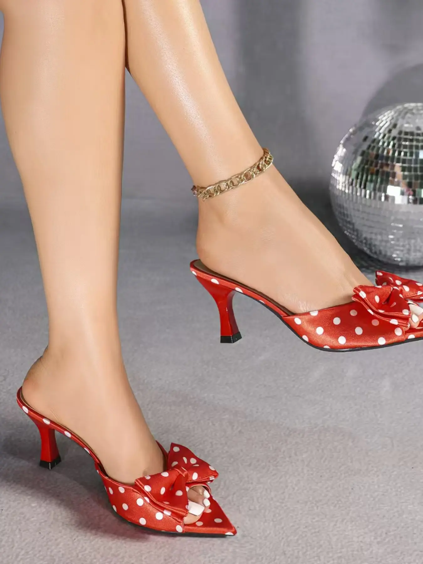 Base Polka Dot Satin Square Toe High Heel Mules, Elegant Bow Design, Perfect for Parties, Photoshoots, and Casual Wear, Mule Sandals