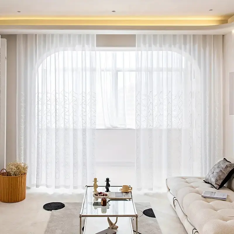 2 Panels Modern Geometric Embroidered Sheer Curtains - Soft and Breathable White Barrie Gauze Curtains for Living Room, Office, Kitchen, and Study - Elegant and Transparent Home Decor,63 84 96 102 inches Length