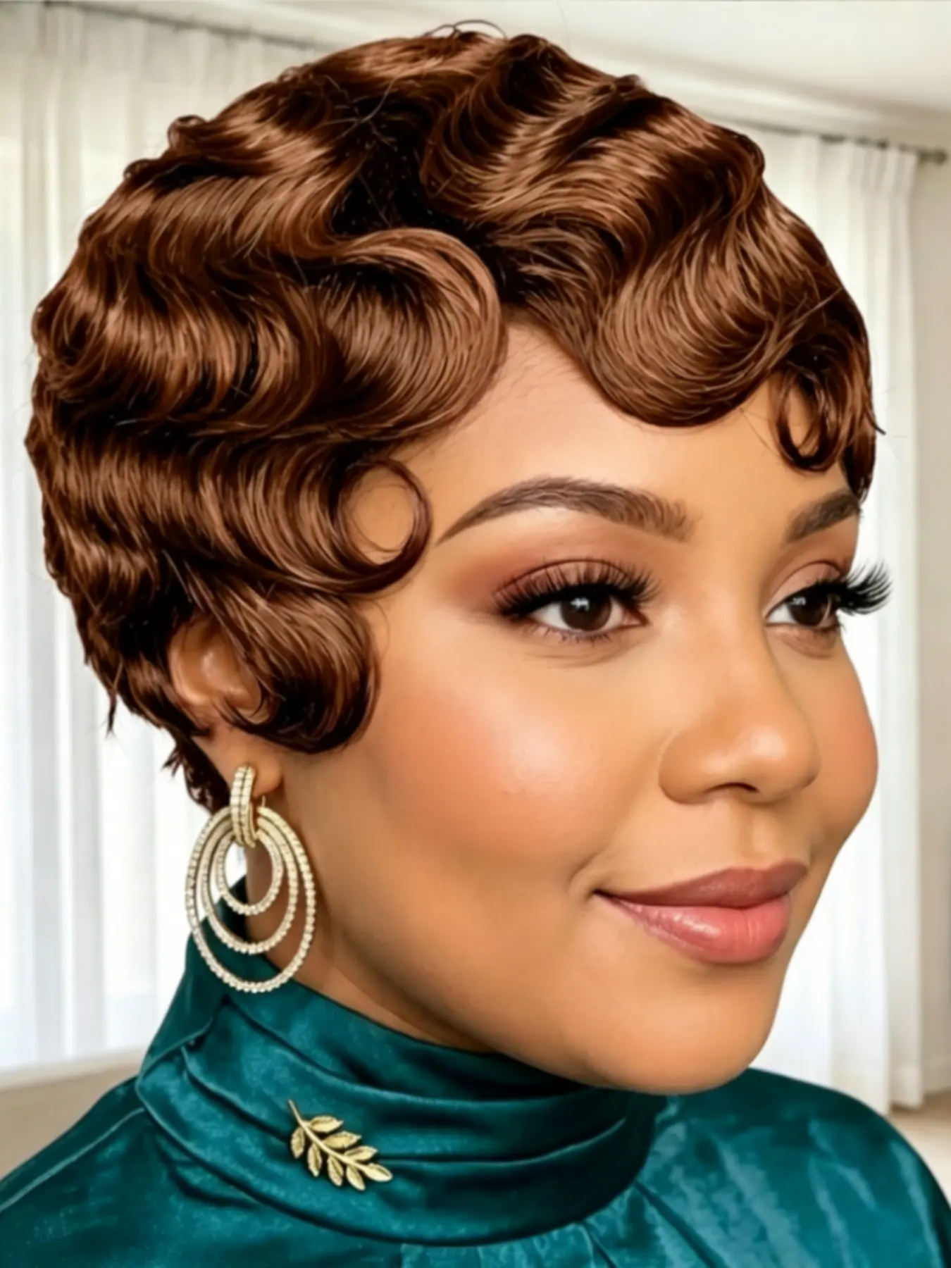 Full Machine Made Human Hair Short Finger Wave Wig, Natural Vintage Pixie Bob Wigs for Women, Stylish and Comfortable, Elegant Wigs