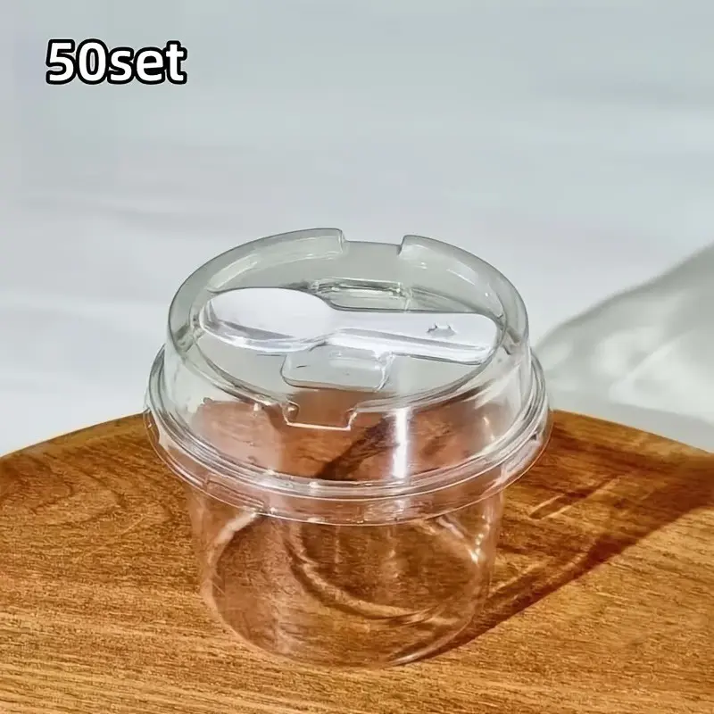 50 Pack/set Disposable Plastic Sweet Treat Cups with Lids & Spoons, Ideal for Yogurt Mousse Fruit Ice Cream Mini Cakes, Party Snacks Overnight Oat Storage