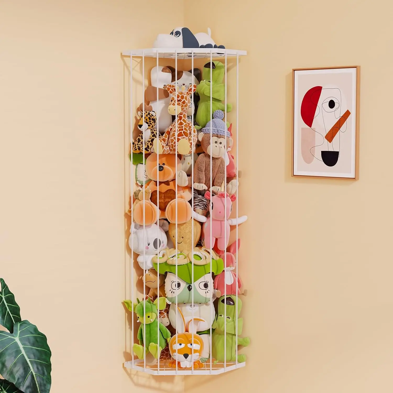 White Wall-Hanging Length-Adjustable Stuffed Animal Storage Shelf - Metal Corner Plush Toy Organizer with Smooth Finish, Decor Piece & Gift Option for Kids' Nursery or Bedroom, Mount