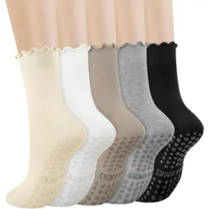 5 Pairs Pilates Yoga Socks with Grips for Women, Cute Cotton Ruffle Frilly Cuff Non Slip Grippy Athletic Crew SocksGift.