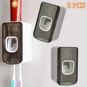 2pcs grey 2 Slot Toothbrush Holder and Toothpaste Dispenser Wall Mounted, Automatic Toothpaste Squeezer, 2 in 1 Tooth Brush Toothpaste Organizer for Shower Cover