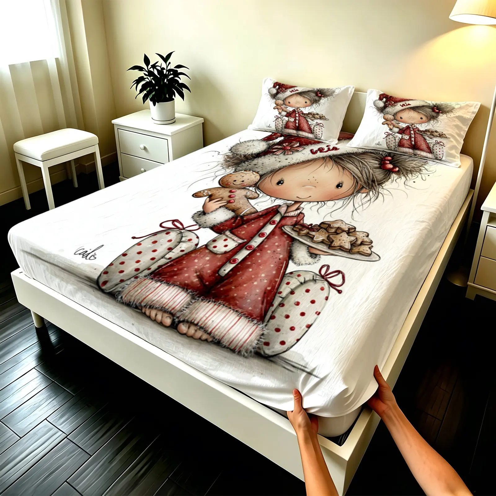 3pcs Fitted sheet Christmas Vintage Art Print Bedding Set, Soft Microfiber Breathable Wrinkle Resistant Fade Proof Machine Washable Cozy Fitted Sheet Set for Bedroom Dorm Home, Twin Full Queen King Size