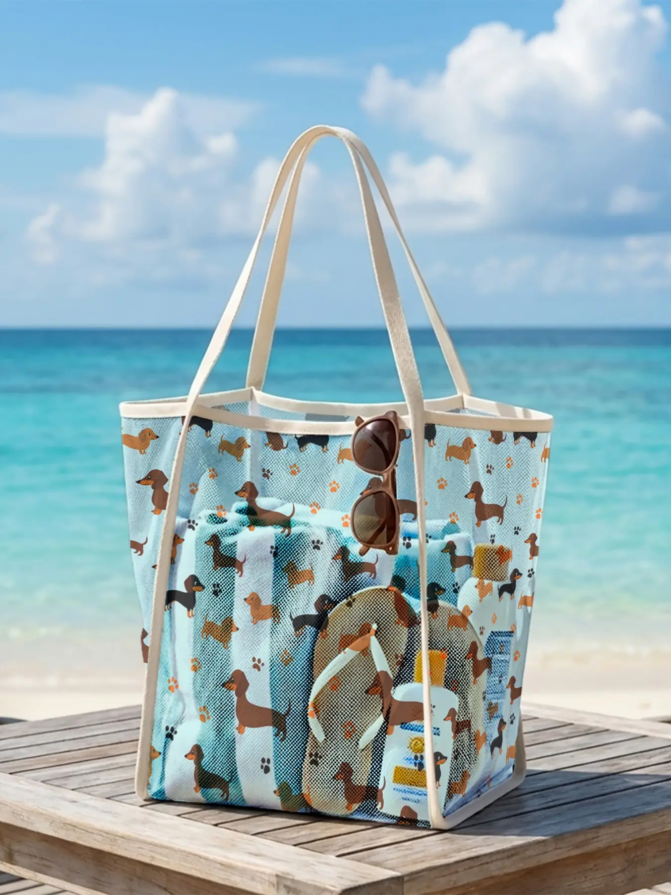 1pc, lady's shoulder bag Dachshund 2D Print Lightweight net fabric + open design with large capacity, foldable for storage | Suitable for various scenarios | Your unique sense of relaxation