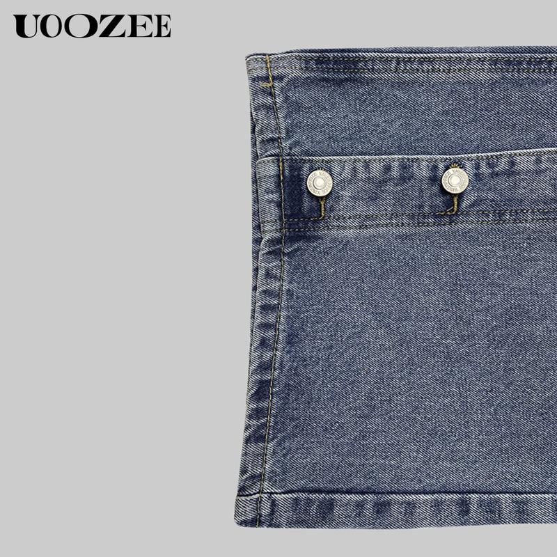 UOOZEE TikTok Exclusive Women's Casual Pocket Decorative Non-functional Buttons Wide Leg Loose Back Elastic Jeans High Waist Single Breasted Non-Elastic Regular Back Waist Comfortable Fit Outfits Womenswear Clothes Denim Bottom straight leg jeans Hip