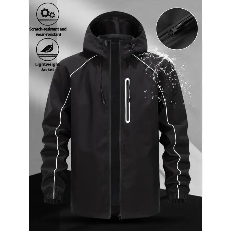Men's Hooded Jacket with Drawstring, Colorblock Design, Zipper Pocket, Casual Fitted Style, All-Season Wearable Outerwear