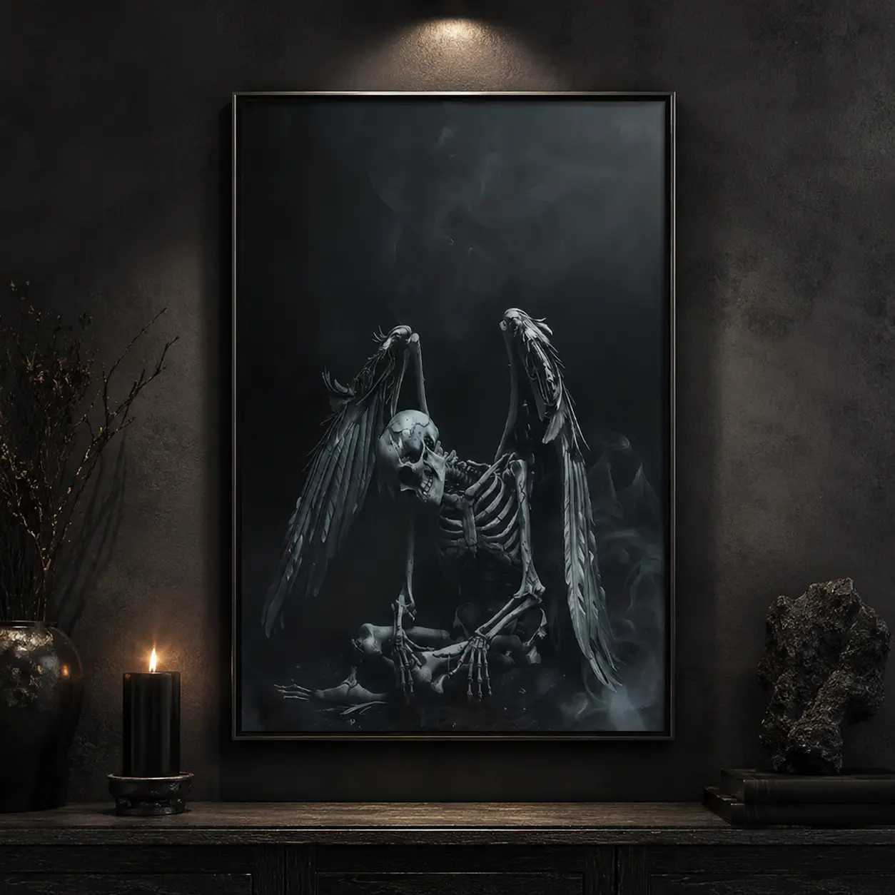 1-Piece Pine Wood Framed Artistic Gothic Dark Theme Skeleton Oil Painting Print, Wall Art, Modern Wall Decor for Living Room, Bedroom Home Supplies, Canvas Wall Art Print, Gothic Skeleton Poster for Bedroom Office Dorm Man Cave, Halloween Gift