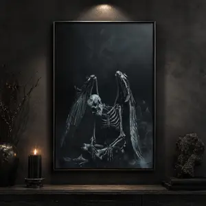 1-Piece Pine Wood Framed Artistic Gothic Dark Theme Skeleton Oil Painting Print, Wall Art, Modern Wall Decor for Living Room, Bedroom Home Supplies, Canvas Wall Art Print, Gothic Skeleton Poster for Bedroom Office Dorm Man Cave, Halloween Gift