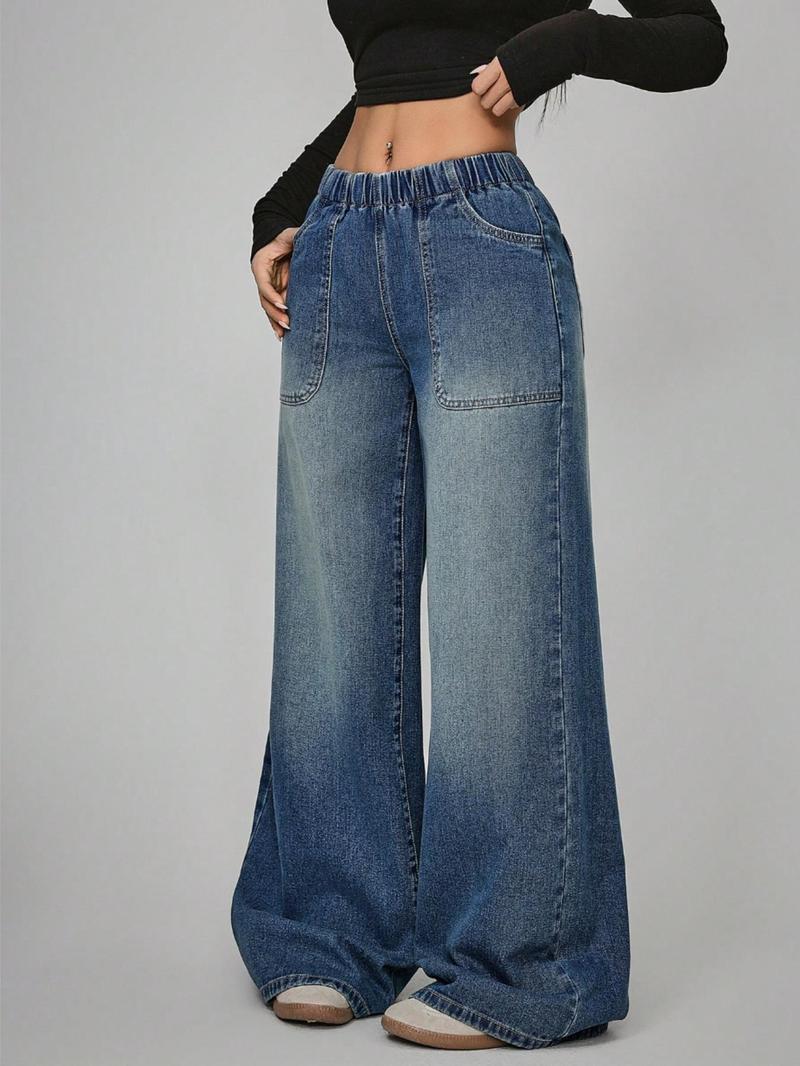 Women's High Waisted Casual Pants, Loose Wide Leg Jeans with Pockets, Elastic Waist, Button Front, All Seasons, Daily Wear Women's High Waisted Casual Pants, Loose Wide Leg Jeans with Pockets, Elastic Waist, Button Front, All Seasons, Daily Wear