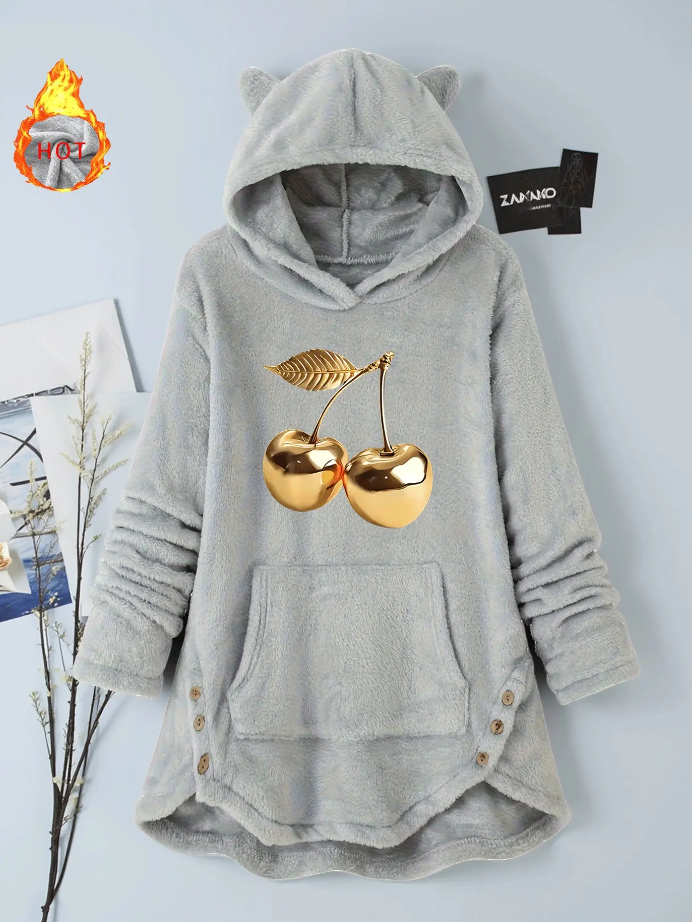 Y2K Luxury Metal Style Gold Cherry Leaf Print Fuzzy Robe, Soft Cute Cat Ear Hooded Thick Coral Velvet Long Home Wear, Women's Apparel
