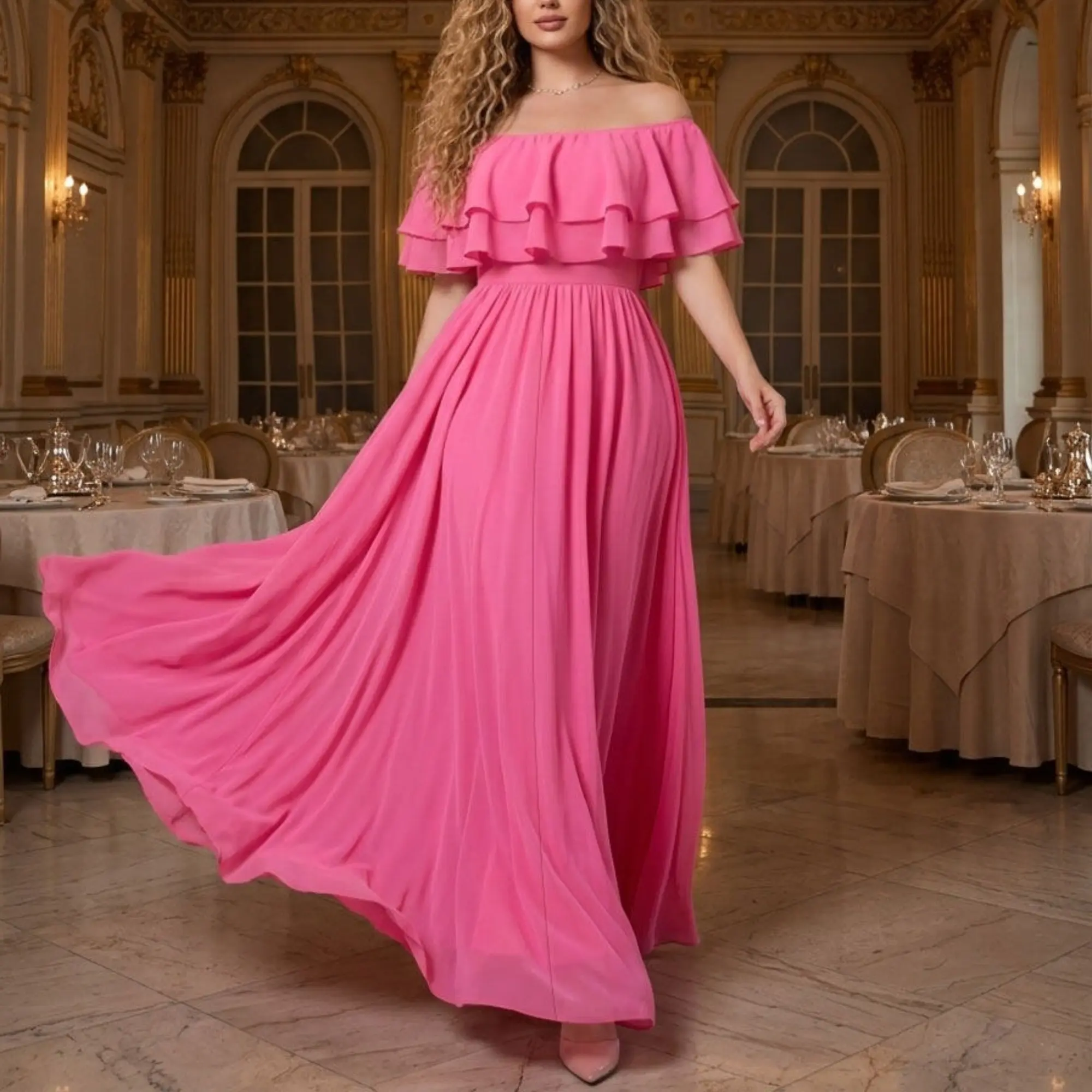 Elegant Hot Pink Off Shoulder Ruffle Neckline Evening Maxi Dress