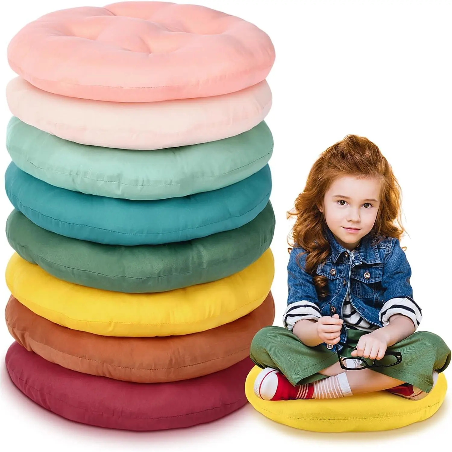 8-Pcs 16-in Round Pillow Cushions with Flexible Foam & Thick Padding, Kids’ Flexible Seating for Elementary Classroom, Back to School Neutral Color Furniture for Daycare Meditation, Pillow Cushion, Round Shape
