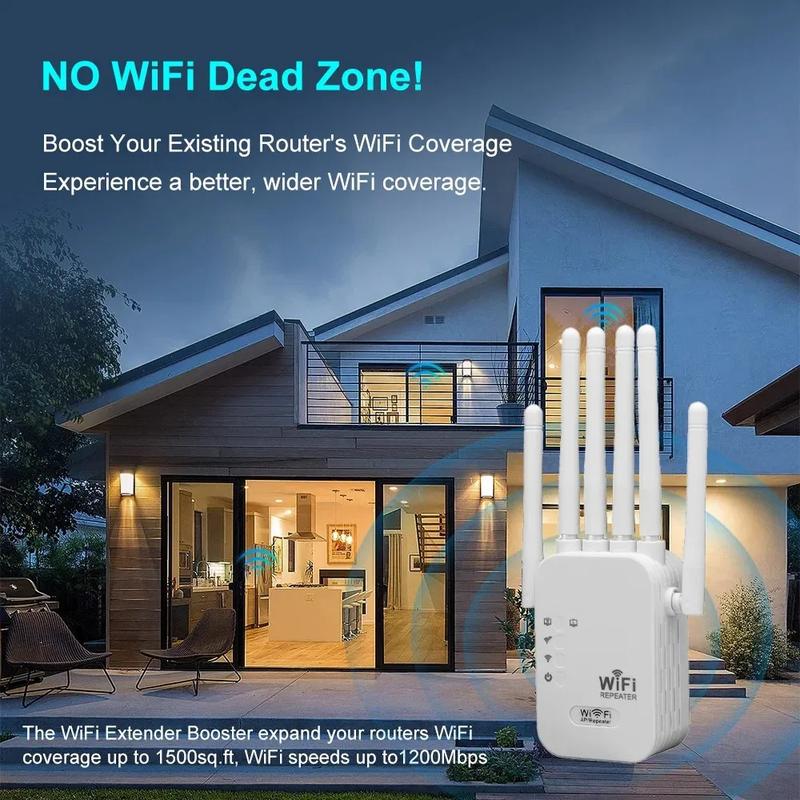 WiFi Extender, 1200Mbps Dual Band 2.4GHz/5GHz Signal Booster with 6 High-Gain Antennas, Covers Up to
