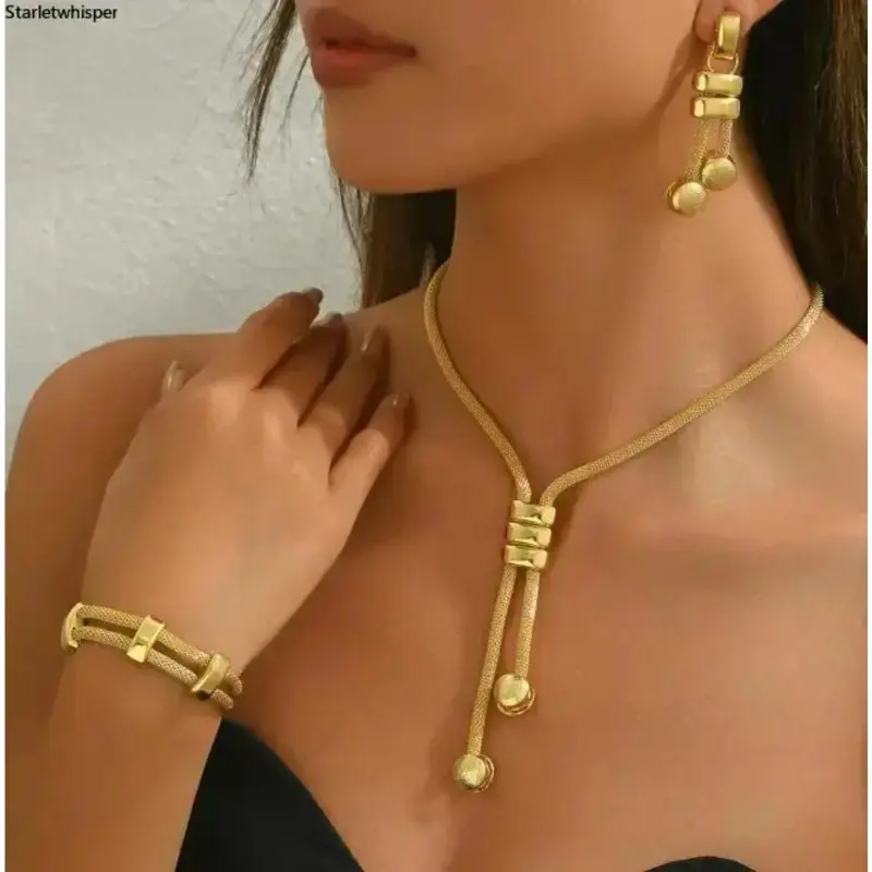 18K Electroplated Jewelry Set, Double Layer Necklace Geometric Tassel Earrings Woven Bracelet, Anti‑allergy Fade‑Resistant Elegant Accessories for Women Daily Gift