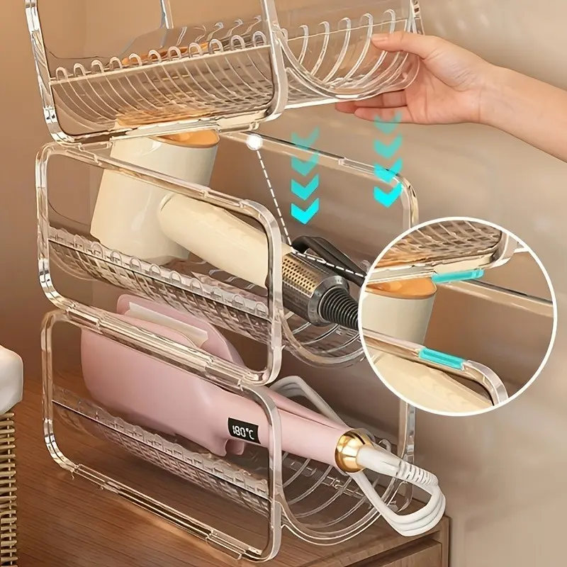 1pc Hair Curling Iron Storage Rack, Hair Dryer Storage Box, Egg Roll Hairbrush Organizer, Item Storage Rack, Straight Hair Comb Organizer, Straight Hair Clip Storage, Stand, Stackable Design, Tabletop Style, Transparent Acrylic, Standing Shelf