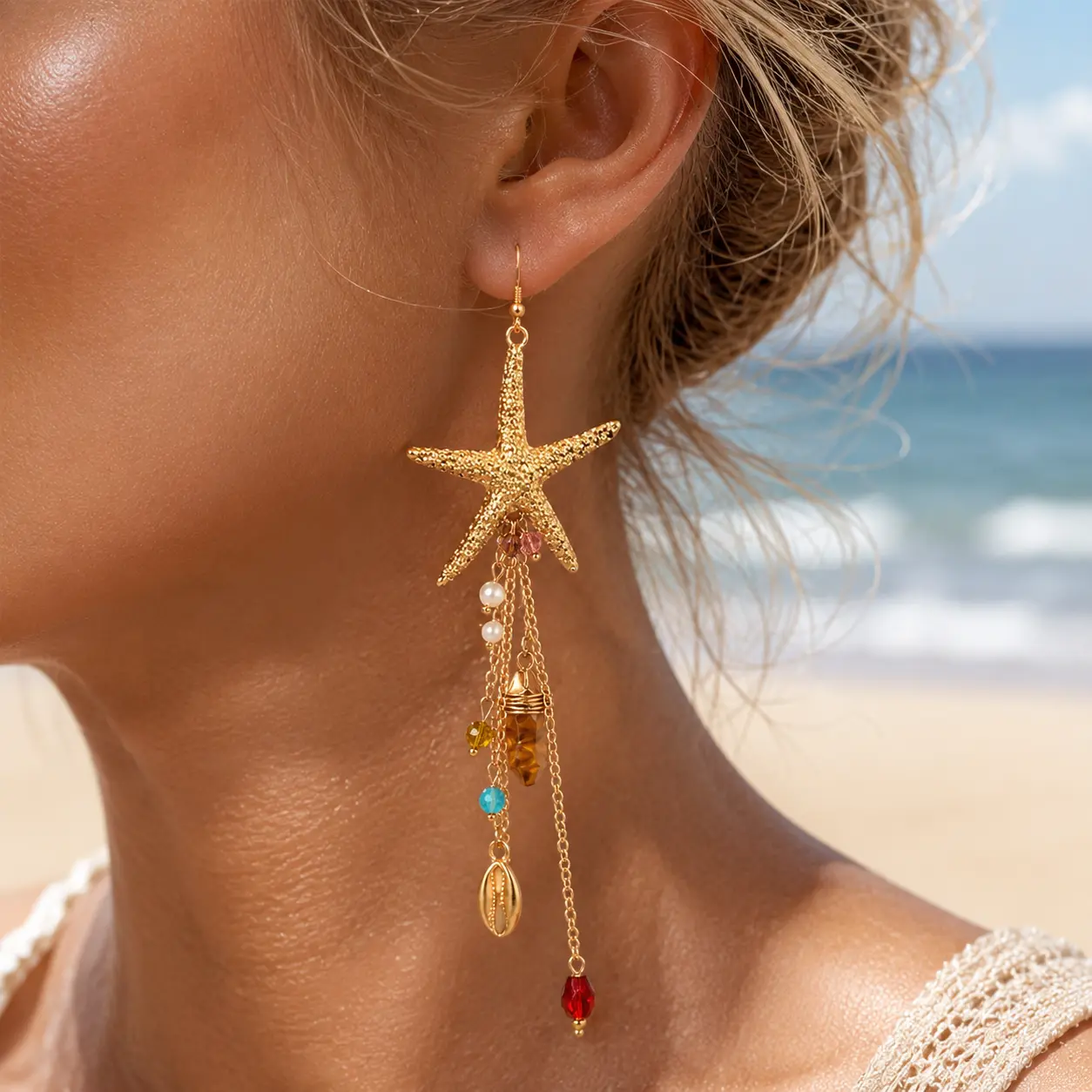 Women's Boho Chic Seashell Earrings - Coastal Zinc Alloy Jewelry with Gold Starfish, Natural Shell Charms, 14cm Drop Tassel Dangles, Faux Pearl, Stone Accents, Bling Effect, Lightweight for Beach Party & Resort Style