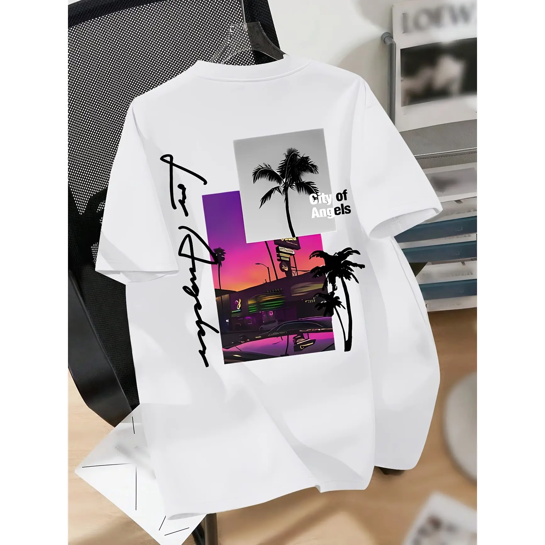 Los Angeles City Of Angels Palm Tree Sunset Back Print Graphic Oversized Cotton T Shirt Comfort Fashion Outfit California Streetwear Tee Valentine Gift For Him Her Best Present For Friends Family Holiday Daily Wear