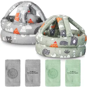 2 Pack Baby Head Protector with 2 Pair Toddler Knee Pads Baby Helmet for Crawling Walking Adjustable Soft Safety Headguard Toddler Protective Cap 6-12 Months 1-2 Years Old(Forest)