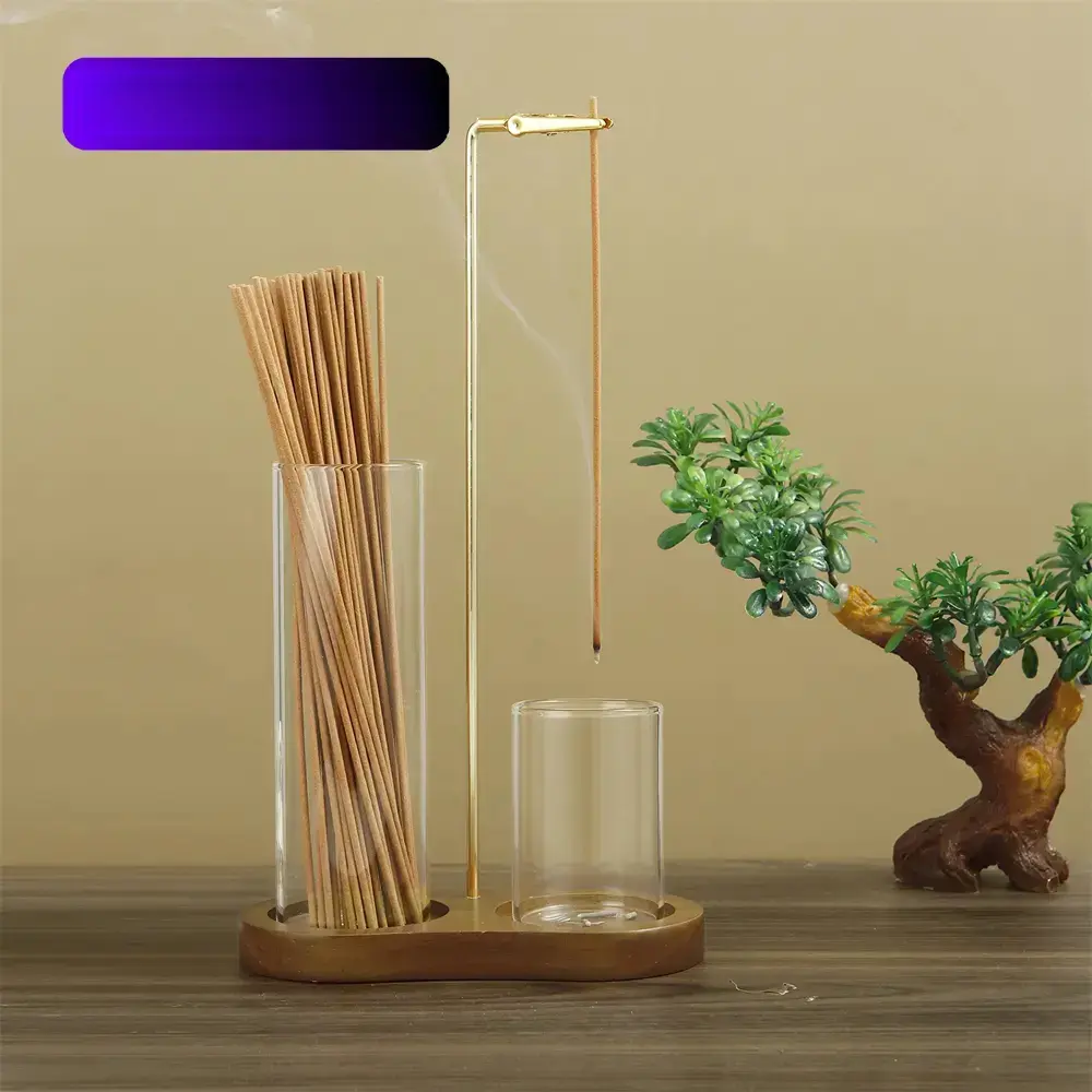 2-in-1 Incense Candle Holder, Wooden-Base Incense Burner, Incense Dish with Removable Glass Ash Collector, Home Decor Ornament and Scented Home Fragrance Accessory, Home Fragrance Products for Living Room and Bedroom