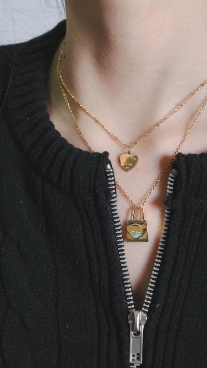 T's  Blue Oil Dripping Lock Heart Double-Layer Necklace Female 18K Gold Sweet Style Clavicle Chain